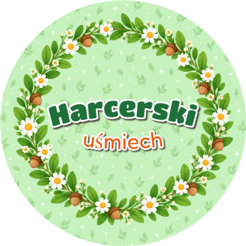Wzór: Przypinka Harcerski Uśmiech Wianek – grafika z napisem Harcerski uśmiech