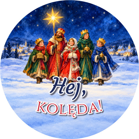 Wzór: Przypinka Hej Kolęda – grafika z napisem Hej, kolęda!