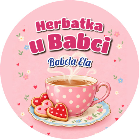 Wzór: Przypinka Herbatka u Babci – napis Herbatka u Babci i pole imię na pastelowej grafice