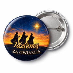 Przypinka Idziemy za Gwiazdą: przypinka na Orszak Trzech Króli z napisem Idziemy za gwiazdą – przód i aluminiowy tył z agrafką