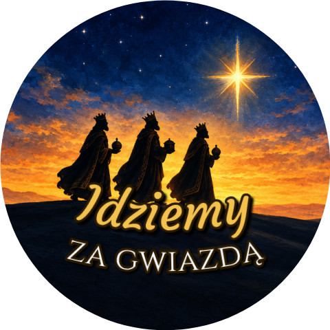 Wzór: Przypinka Idziemy za Gwiazdą – grafika z napisem Idziemy za gwiazdą