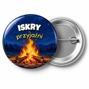 Przypinka Iskry Przyjaźni: przypinka na Dzień Myśli Braterskiej z napisem Iskry przyjaźni – przód i aluminiowy tył z agrafką