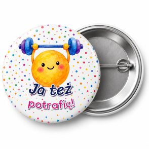 Przypinka Ja Też Potrafię: przypinka na Dzień Kropki z napisem Ja też potrafię! – przód i aluminiowy tył z agrafką