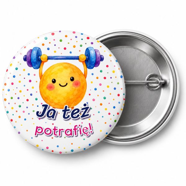 Przypinka Ja Też Potrafię: przypinka na Dzień Kropki z napisem Ja też potrafię! – przód i aluminiowy tył z agrafką