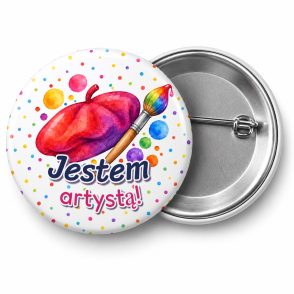 Przypinka Jestem Artystą: przypinka na Dzień Kropki z napisem Jestem artystą! – przód i aluminiowy tył z agrafką