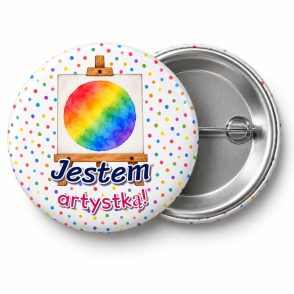 Przypinka Jestem Artystką: przypinka na Dzień Kropki z napisem Jestem artystką! – przód i aluminiowy tył z agrafką