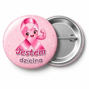 Przypinka Jestem Dzielna: przypinka na Różowy Październik z napisem Jestem dzielna – przód i aluminiowy tył z agrafką