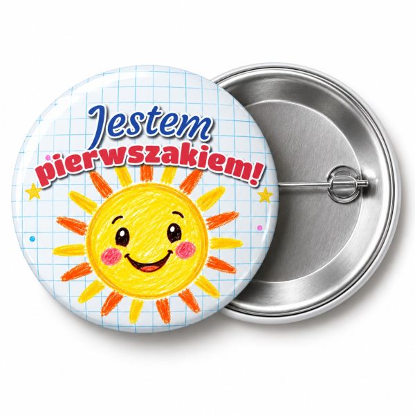 Przypinka Jestem Pierwszakiem Kredkowe Słońce: przypinka na pasowanie pierwszoklasisty z napisem Jestem pierwszakiem! – przód i aluminiowy tył z agrafką