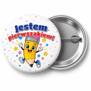 Przypinka Jestem Pierwszakiem Uśmiechnięty Ołówek: przypinka na pasowanie pierwszoklasisty z napisem Jestem pierwszakiem! – przód i aluminiowy tył z agrafką