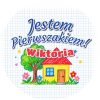 Wzór: Przypinka Jestem Pierwszakiem z Imieniem Kredkowy Domek – napis Jestem Pierwszakiem! i pole imię