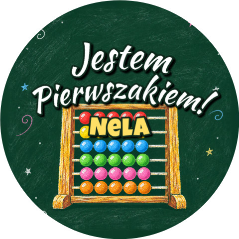 Wzór: Przypinka Jestem Pierwszakiem z Imieniem Liczydło – napis Jestem Pierwszakiem! i pole imię