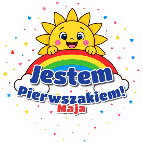 Wzór: Przypinka Jestem Pierwszakiem z Imieniem Tęcza i Słońce – napis Jestem Pierwszakiem! i pole imię