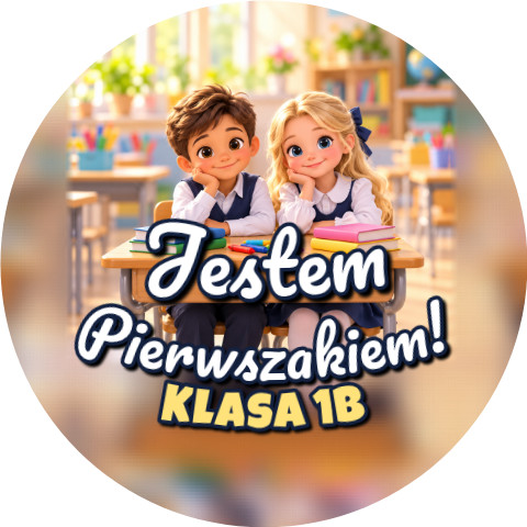 Wzór: Przypinka Jestem Pierwszakiem z Nazwą Klasy Ławka Szkolna – napis Jestem Pierwszakiem! i pole klasa