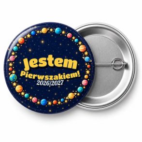 Przypinka Jestem Pierwszakiem z Rokiem Szkolnym Pierścień Gwiazd: przypinka na pasowanie pierwszoklasisty z napisem Jestem Pierwszakiem! oraz polem rok szkolny (np. 2026/2027) – przód i aluminiowy tył z agrafką