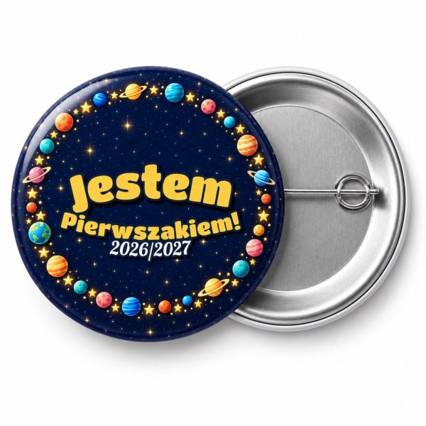 Przypinka Jestem Pierwszakiem z Rokiem Szkolnym Pierścień Gwiazd: przypinka na pasowanie pierwszoklasisty z napisem Jestem Pierwszakiem! oraz polem rok szkolny (np. 2026/2027) – przód i aluminiowy tył z agrafką