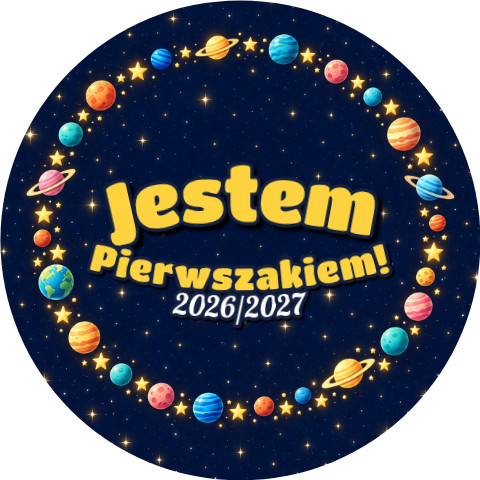 Wzór: Przypinka Jestem Pierwszakiem z Rokiem Szkolnym Pierścień Gwiazd – napis Jestem Pierwszakiem! i pole rok szkolny
