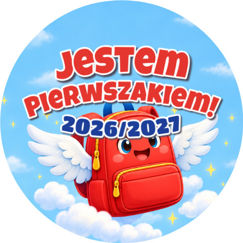 Wzór: Przypinka Jestem Pierwszakiem z Rokiem Szkolnym Skrzydlaty Plecak – napis Jestem Pierwszakiem! i pole rok szkolny