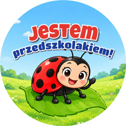 Wzór: Przypinka Jestem Przedszkolakiem Biedronka – grafika z napisem Jestem przedszkolakiem!