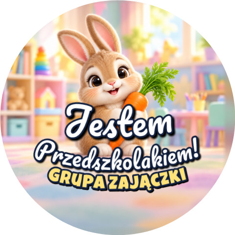 Wzór: Przypinka Jestem Przedszkolakiem Grupa Zajączki – napis Jestem Przedszkolakiem! i pole grupa