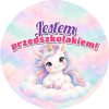 Wzór: Przypinka Jestem Przedszkolakiem Jednorożec na Chmurce – grafika z napisem Jestem przedszkolakiem!
