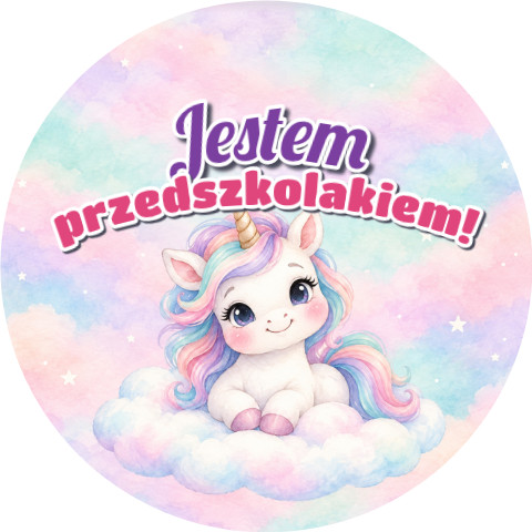 Wzór: Przypinka Jestem Przedszkolakiem Jednorożec na Chmurce – grafika z napisem Jestem przedszkolakiem!