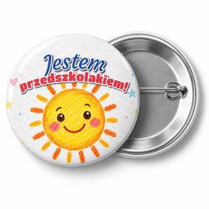 Przypinka Jestem Przedszkolakiem Kredkowe Słoneczko: przypinka na pasowanie na przedszkolaka z napisem Jestem przedszkolakiem! – przód i aluminiowy tył z agrafką