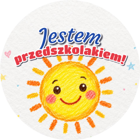 Wzór: Przypinka Jestem Przedszkolakiem Kredkowe Słoneczko – grafika z napisem Jestem przedszkolakiem!