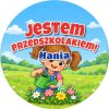 Wzór: Przypinka Jestem Przedszkolakiem z Imieniem Dziewczynka z Konewką – napis Jestem Przedszkolakiem! i pole imię