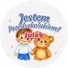 Wzór: Przypinka Jestem Przedszkolakiem z Imieniem Kredkowy Przytulas – napis Jestem Przedszkolakiem! i pole imię