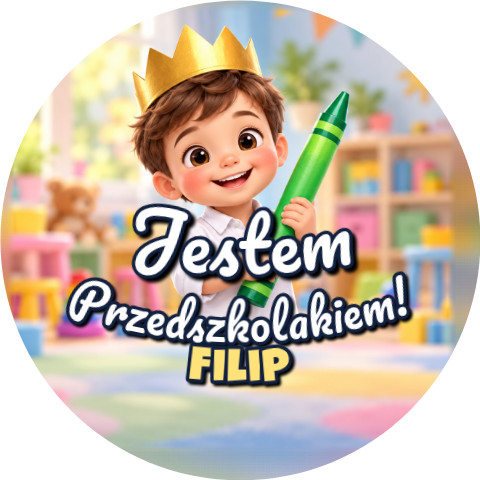 Wzór: Przypinka Jestem Przedszkolakiem z Imieniem Mały Rycerz z Kredką – napis Jestem Przedszkolakiem! i pole imię