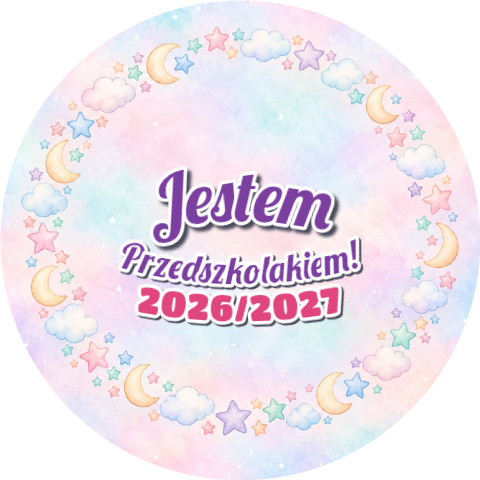 Wzór: Przypinka Jestem Przedszkolakiem z Rokiem Przedszkolnym Pierścień Gwiazdek – napis Jestem Przedszkolakiem! i pole rok przedszkolny