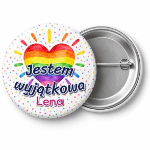 Przypinka Jestem Wyjątkowa Tęczowe Serce: przypinka na Dzień Kropki z napisem Jestem wyjątkowa oraz polem imię (np. Lena) – przód i aluminiowy tył z agrafką