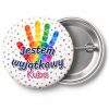 Przypinka Jestem Wyjątkowy Odcisk Dłoni: przypinka na Dzień Kropki z napisem Jestem wyjątkowy oraz polem imię (np. Kuba) – przód i aluminiowy tył z agrafką
