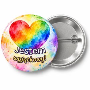 Przypinka Jestem Wyjątkowy Plama: przypinka na Dzień Kropki z napisem Jestem wyjątkowy! – przód i aluminiowy tył z agrafką