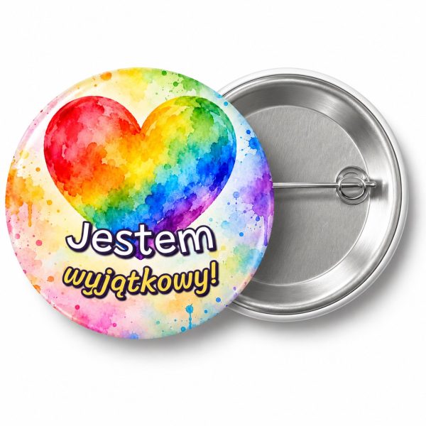 Przypinka Jestem Wyjątkowy Plama: przypinka na Dzień Kropki z napisem Jestem wyjątkowy! – przód i aluminiowy tył z agrafką