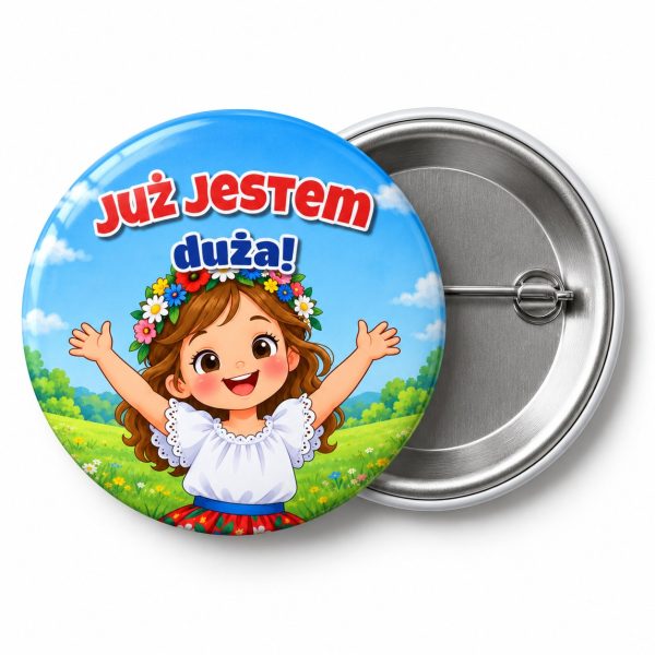 Przypinka Już Jestem Duża Dziewczynka z Wiankiem: przypinka na pasowanie na przedszkolaka z napisem Już jestem duża! – przód i aluminiowy tył z agrafką