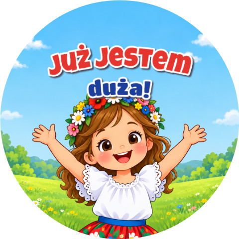 Wzór: Przypinka Już Jestem Duża Dziewczynka z Wiankiem – grafika z napisem Już jestem duża!