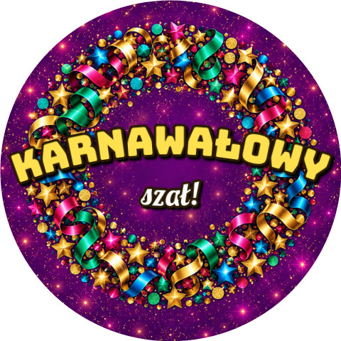 Wzór: Przypinka Karnawałowy Szał – sylwestrowa grafika z napisem Karnawałowy szał!
