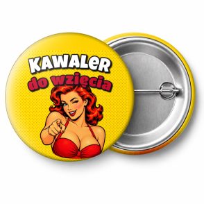 Przypinka Kawaler do Wzięcia Komiksowe Mrugnięcie: przypinka na wieczór kawalerski z napisem Kawaler do wzięcia – przód i aluminiowy tył z agrafką