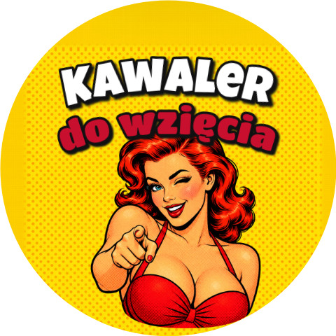 Wzór: Przypinka Kawaler do Wzięcia Komiksowe Mrugnięcie – grafika z napisem Kawaler do wzięcia