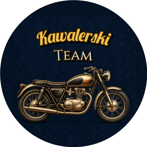 Wzór: Przypinka Kawalerski Team Motocykl Retro – grafika z napisem Kawalerski Team