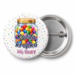 Przypinka Każda Kropka Się Liczy: przypinka na Dzień Kropki z napisem Każda kropka się liczy – przód i aluminiowy tył z agrafką