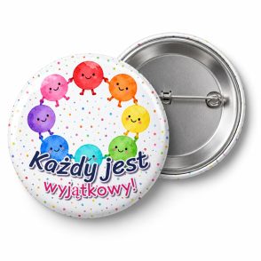Przypinka Każdy Jest Wyjątkowy: przypinka na Dzień Kropki z napisem Każdy jest wyjątkowy! – przód i aluminiowy tył z agrafką