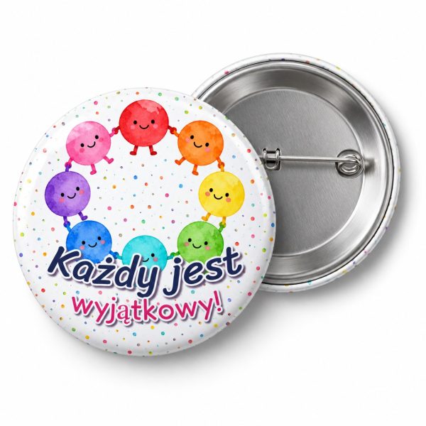 Przypinka Każdy Jest Wyjątkowy: przypinka na Dzień Kropki z napisem Każdy jest wyjątkowy! – przód i aluminiowy tył z agrafką