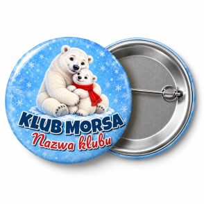 Przypinka Klub Morsa Niedźwiadki: przypinka dla morsów z napisem Klub Morsa oraz polem nazwa klubu (np. Nazwa klubu) – przód i aluminiowy tył z agrafką