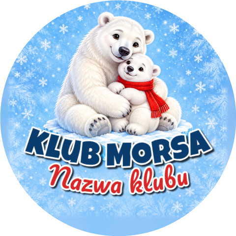 Wzór: Przypinka Klub Morsa Niedźwiadki – napis Klub Morsa i pole nazwa klubu na zimowej grafice