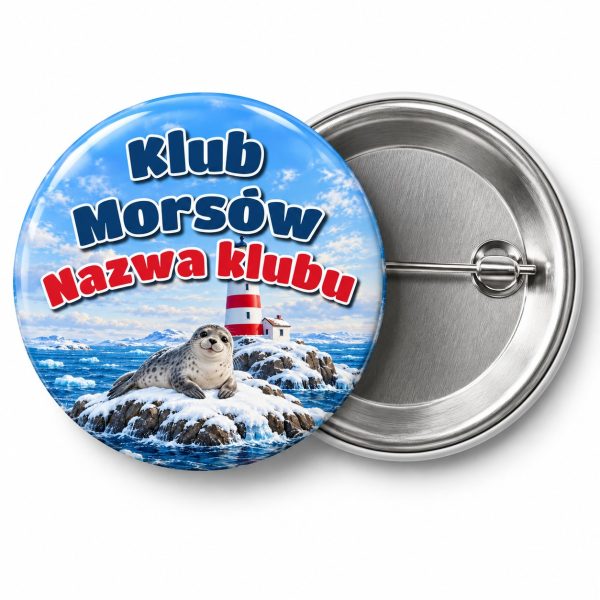 Przypinka Klub Morsów Latarnia: przypinka dla morsów z napisem Klub Morsów oraz polem nazwa klubu (np. Nazwa klubu) – przód i aluminiowy tył z agrafką