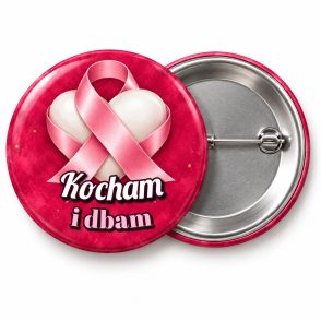 Przypinka Kocham i Dbam: przypinka na Różowy Październik z napisem Kocham i dbam – przód i aluminiowy tył z agrafką