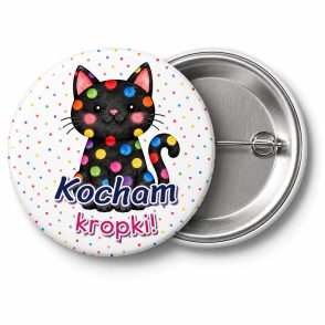 Przypinka Kocham Kropki: przypinka na Dzień Kropki z napisem Kocham kropki! – przód i aluminiowy tył z agrafką