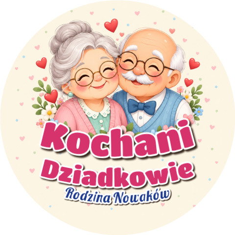 Wzór: Przypinka Kochani Dziadkowie Razem – napis Kochani Dziadkowie i pole rodzina na pastelowej grafice